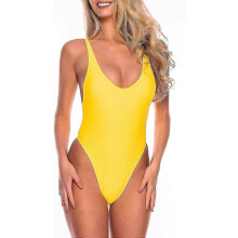 (Yellow, Small) Damesbadpak met T-rug, hoog uitgesneden model, eendelig model met verstelbare bandjes.