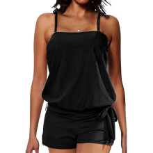 (Black, L) Costume da bagno due pezzi da donna, tinta unita, morbido e imbottito, ideale per spiaggia, piscina e vacanze.