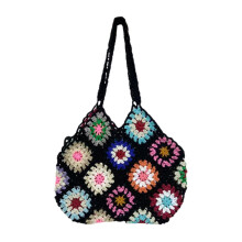 (Black) Borsa a Tracolla Donna in Macramé con Disegno Floreale Colorato, Stile Retrò, Grande Capacità per Uso Quotidiano e Viaggi