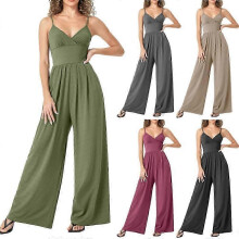 (Khaki, 2XL) Plus Size Jumpsuit V-neck Sling Wide-leg High-elastic Knit Machine Washable