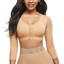 (Beige, M) Women's 3/4 Sleeve Body Shaper with Front Closure Bra, Back Support for Posture & Daily Wear (S-5XL)