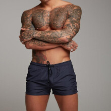 (Navy, S) Herren-Badehose, mittellang, schnelltrocknend, mit Reißverschlusstaschen und verstellbarem Kordelzug