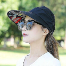(Black) Ladies' Sun Hat in Printed Canvas for UV Protection at Beach & Outdoor Summer Activities