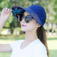 (Navy Blue) Sombrero de sol para mujer de lona estampada para protección UV en la playa y actividades veraniegas al aire libre.
