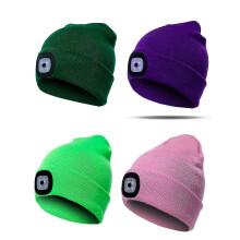 (Purple) Gorro LED recargable por USB, 5 horas de autonomía, tejido acrílico suave, gorro unisex ajustable con 4 LED.