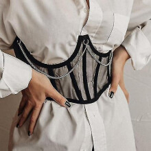 (Black, L) Cinturón corsé para mujer, estilo gótico, con cordones, estampado novedoso en blanco y negro, 22518P