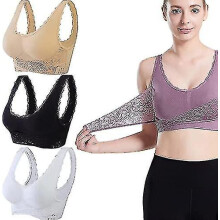 (white-black-Flesh color, S) Beugelloze bh met brede schouderbanden, uitneembare pads en ademend mesh voor dagelijks gebruik.
