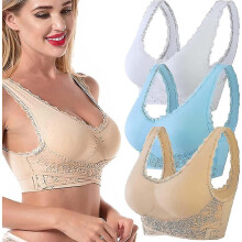 (white-blue-Flesh color, 3XL) Naadloze beha zonder beugel, brede elastische banden en verstelbare bandjes voor ondersteuning en comfort.