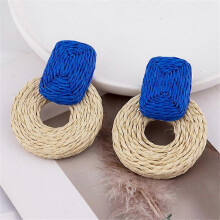 (beige) Pendientes de rafia redondos con colgante geométrico, tejidos a mano con paja, estilo bohemio para mujer.