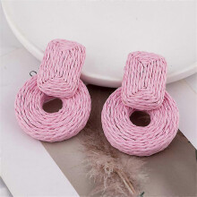 (pink) Pendientes de rafia redondos con colgante geométrico, tejidos a mano con paja, estilo bohemio para mujer.