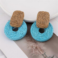 (light blue) Pendientes de rafia redondos con colgante geométrico, tejidos a mano con paja, estilo bohemio para mujer.