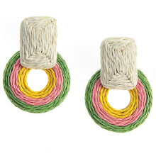 (colorful) Pendientes de rafia redondos con colgante geométrico, tejidos a mano con paja, estilo bohemio para mujer.