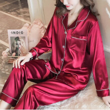 (Red, M) Damen-Pyjama-Set mit langen Ärmeln aus Polyesterfaser, bequeme und warme Nachtwäsche