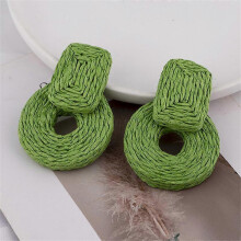 (green) Pendientes de rafia redondos con colgante geométrico, tejidos a mano con paja, estilo bohemio para mujer.
