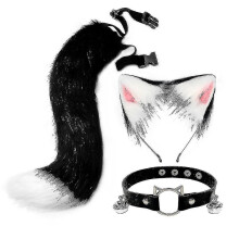 (Black White) Orecchie e coda a doppio strato con cuciture, set in morbida pelliccia artificiale, fascia regolabile, coda da 65 cm
