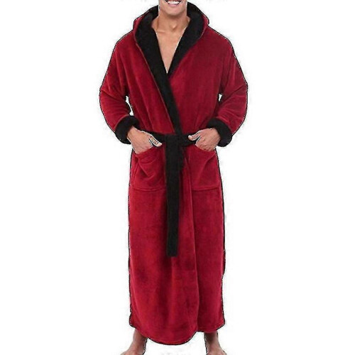 (Red Black, 5XL) Accappatoio da uomo con cappuccio, foderato in pile, lunghezza lunga.