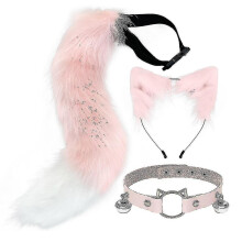 (Pink) Orecchie e coda a doppio strato con cuciture, set in morbida pelliccia artificiale, fascia regolabile, coda da 65 cm