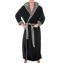 (Black Grey, 3XL) Bata de baño larga con capucha y forro polar para hombre.