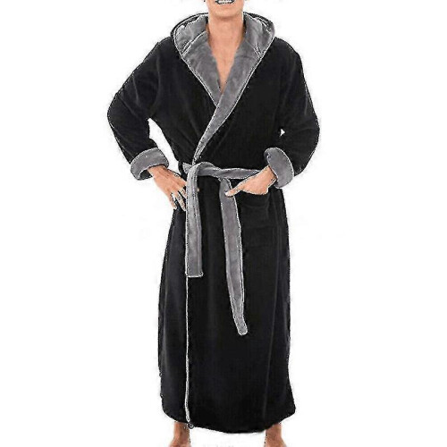 (Black Grey, 3XL) Accappatoio da uomo con cappuccio, foderato in pile, lunghezza lunga.