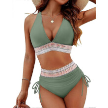 (Green, L) Bikini set met hoge taille, buikcorrectie en kleurblokkendesign voor dames