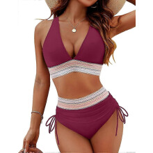 (Red, M) Bikini set met hoge taille, buikcorrectie en kleurblokkendesign voor dames
