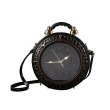 (Black) Bolso de hombro para mujer con reloj funcional, bandolera de piel sintética, bolsillo trasero, negro, verde, dorado, marrón albaricoque.
