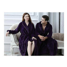 (Purple, L) Couple's Coral Fleece Robe Unisex Long Thickened Winter Home Wear