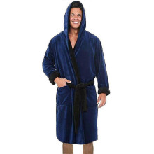 (Navy Blue, 3XL) Bata de baño con capucha de forro polar para hombre, material de spandex, ropa de ocio para el hogar en invierno.