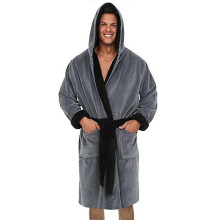 (Grey, 2XL) Accappatoio da uomo con cappuccio in pile, in spandex, ideale per il tempo libero invernale in casa.