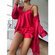(M) Satin-Pyjama-Set für Damen mit Gürtel und Schal, V-Ausschnitt, lange Ärmel, Loungewear für den Herbst