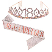 (Rose Gold, 18 Years Old) Belt and Crown Set for Birthday Party Artificial Leather Shiny Celebration