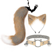 (Khaki) Ensemble de costume 3 pièces oreilles de chat et queue de renard avec bandeau et collier pour jeu de rôle cosplay