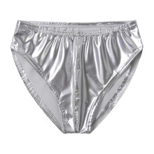 (Silver, XXL) Men's Patent Leather Briefs Elastic Waistband Comfortable Club Pole Dance Underwear