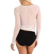 (White, S) Blusa corta de malla transparente de manga larga sin costuras para mujer, color liso, para todas las estaciones, para uso diario y fiestas.