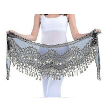 (Blue) Chiffon heupsjaal van 150 cm lang met metalen muntjes, voor buikdansoefeningen, feestjes en Halloweenkostuums