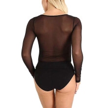 (Black, S) Blusa corta de malla transparente de manga larga sin costuras para mujer, color liso, para todas las estaciones, para uso diario y fiestas.