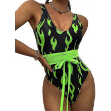 (Green, M) Dames éénstuk badpak, vlammenprint, verstelbare bandjes, voor zwemmen, strandvakantie en festivals