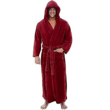 (Red, M) Accappatoio da bagno da uomo in flanella extra lungo con cappuccio, caldo, tessuto di poliestere, per uso casual in autunno e primavera