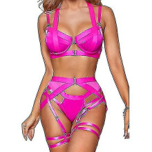 (Rose red, S) Bustier-Dessous-Set mit verstellbaren Trägern und Strumpfhalter, Polyesterfaser