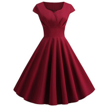 (CLARET, S) Dames Midi V-hals Korte Mouwen 50s Retro Swing Jurk voor Bruiloft Feest Avondceremonie