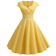 (YELLOW, XXL) Dames Midi V-hals Korte Mouwen 50s Retro Swing Jurk voor Bruiloft Feest Avondceremonie