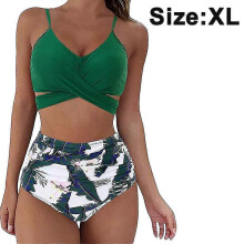 (Green leaves, XL) Conjunto de bikini de talle alto con vendaje cruzado, de poliéster para vacaciones de verano en la playa