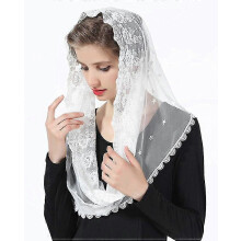 (WHite) Floral Lace Mantilla Veil, Short Scalloped Edge Head Covering for Latin Mass, Bridal Wedding, 2 Classic Colours, Lightweight Soft Elastic Lace