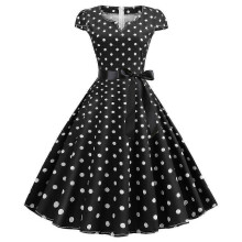 (Black, L) Naisten pilkullinen vintage 1950-luvun 60-luvun rockabilly-iltapuku, swing-juhla, puuvillasekoitteinen mekko