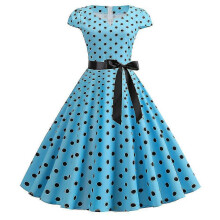(Blue, M) Abito da sera/ballo/swing da donna vintage anni '50/'60 a pois, in misto cotone, stile rockabilly.