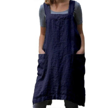 (Blue, M) Katoenen linnen schort met gekruiste rugband en zakken voor dames, ideaal voor bakken, koken, tuinieren, knutselen en barbecueën.
