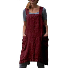 (Red, XL) Cotton Linen Cross Back Pinafore Apron for Women, with Pockets, for Baking Cooking Kitchen Gardening Crafting BBQ