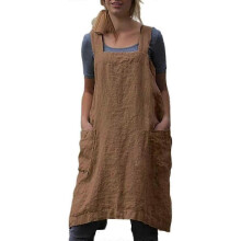(Khaki, M) Katoenen linnen schort met gekruiste rugband en zakken voor dames, ideaal voor bakken, koken, tuinieren, knutselen en barbecueën.
