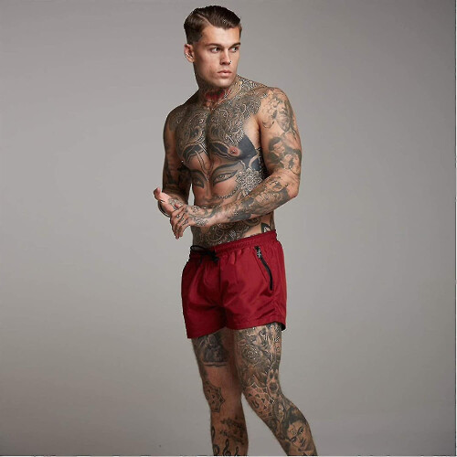 (Red, S) Men's Swim Trunks Mid-Length Quick-Drying with Zip Pockets and Adjustable Drawstring 1