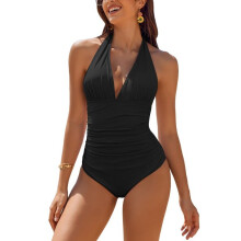(L) Badpak uit één stuk, diepe V-hals, open rug met strik, voor zwembad en strand.